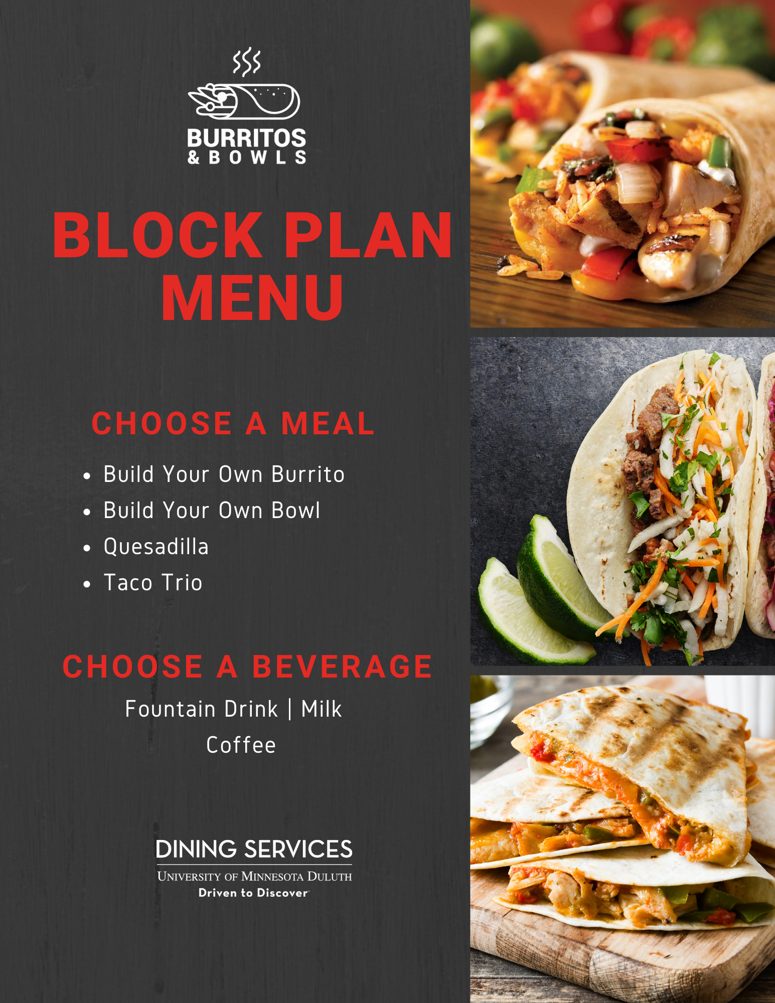 Burritos & Bowls block plan menu