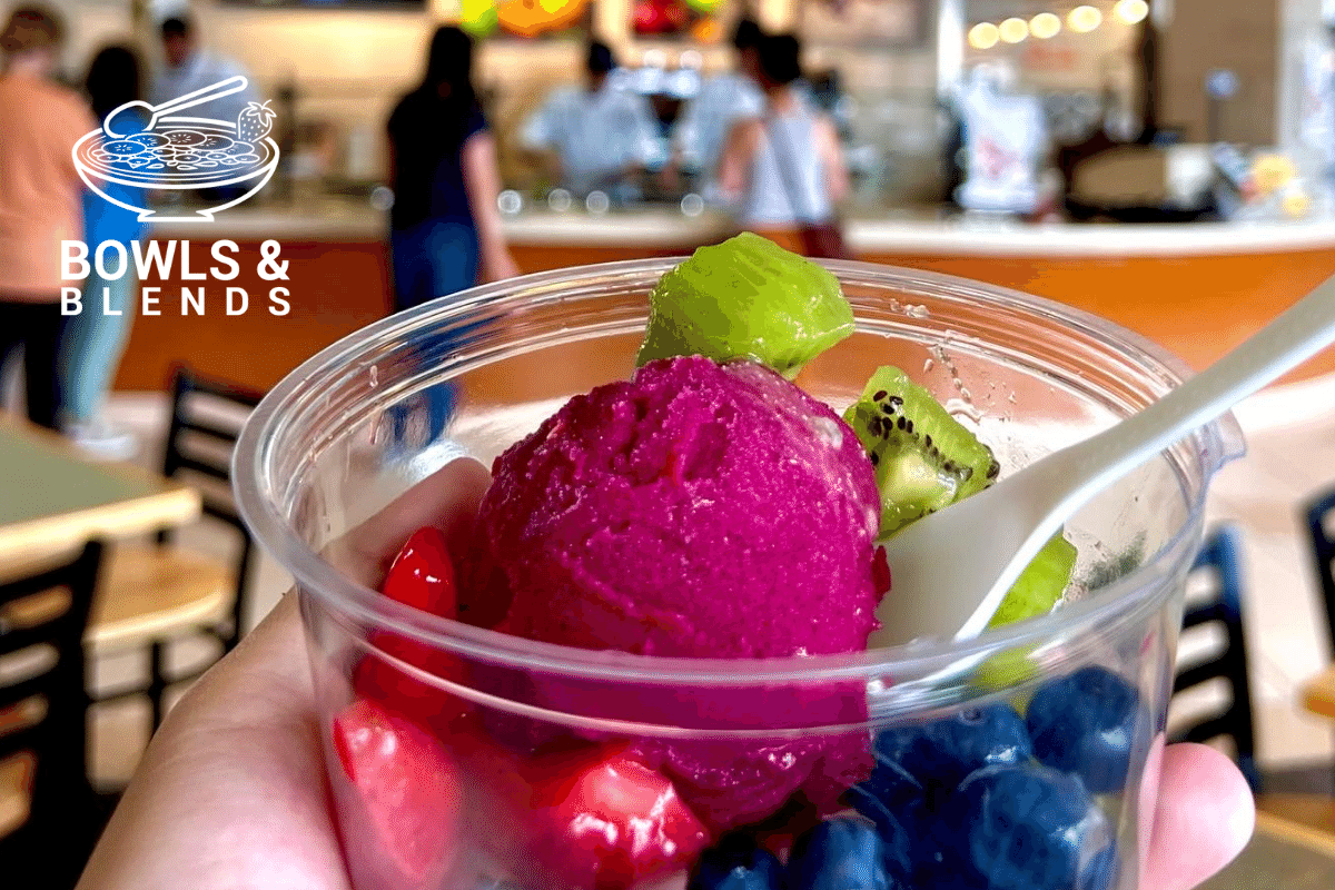dragon fruit sorbet topped with kiwi, strawberries, and blueberries.