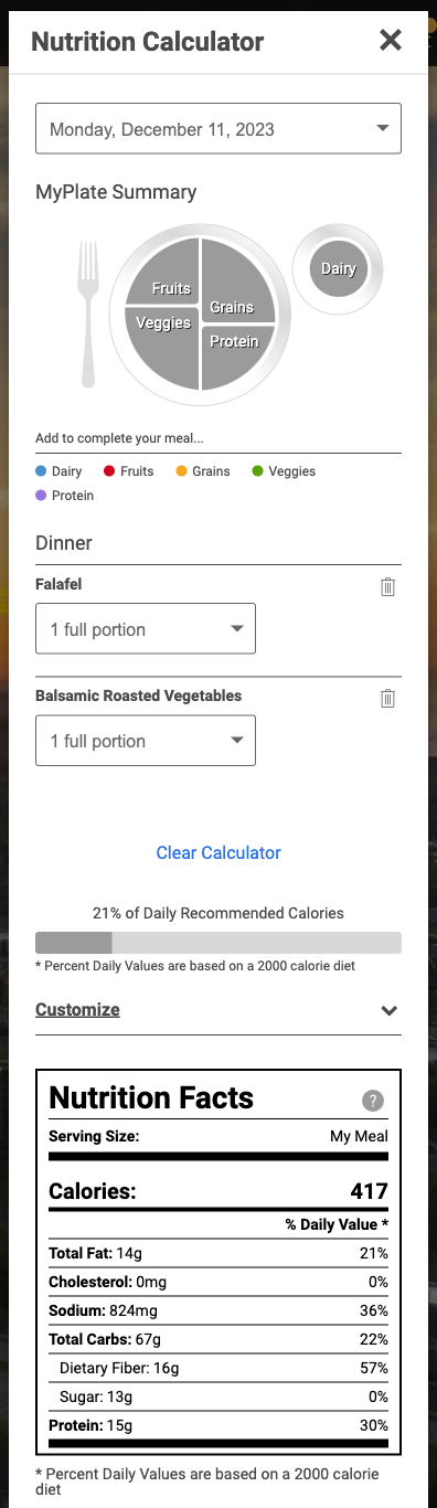 Nutritional Calculator example in Nutrislice
